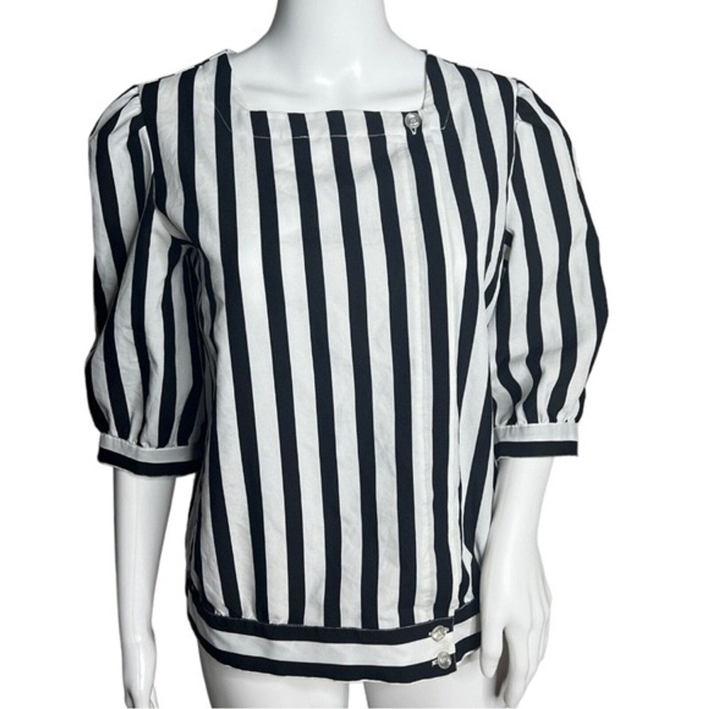 Lady Manhattan Shirt Womens 10 Black White Stripe Blouse Neutral Casual Vintage